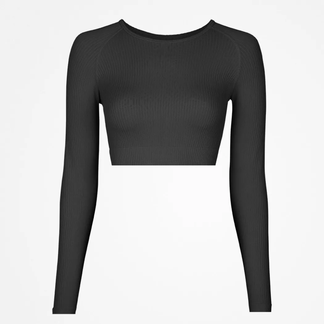 Geripptes Sportshirt langarm Damen aus recyceltem Polyamid